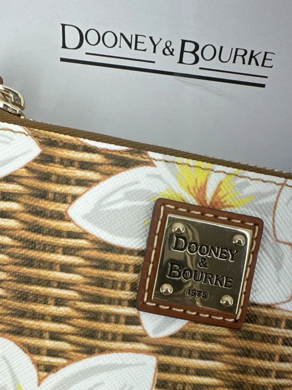 Dooney & Bourke Brown Wicker Floral Wristlet with Yellow Accents